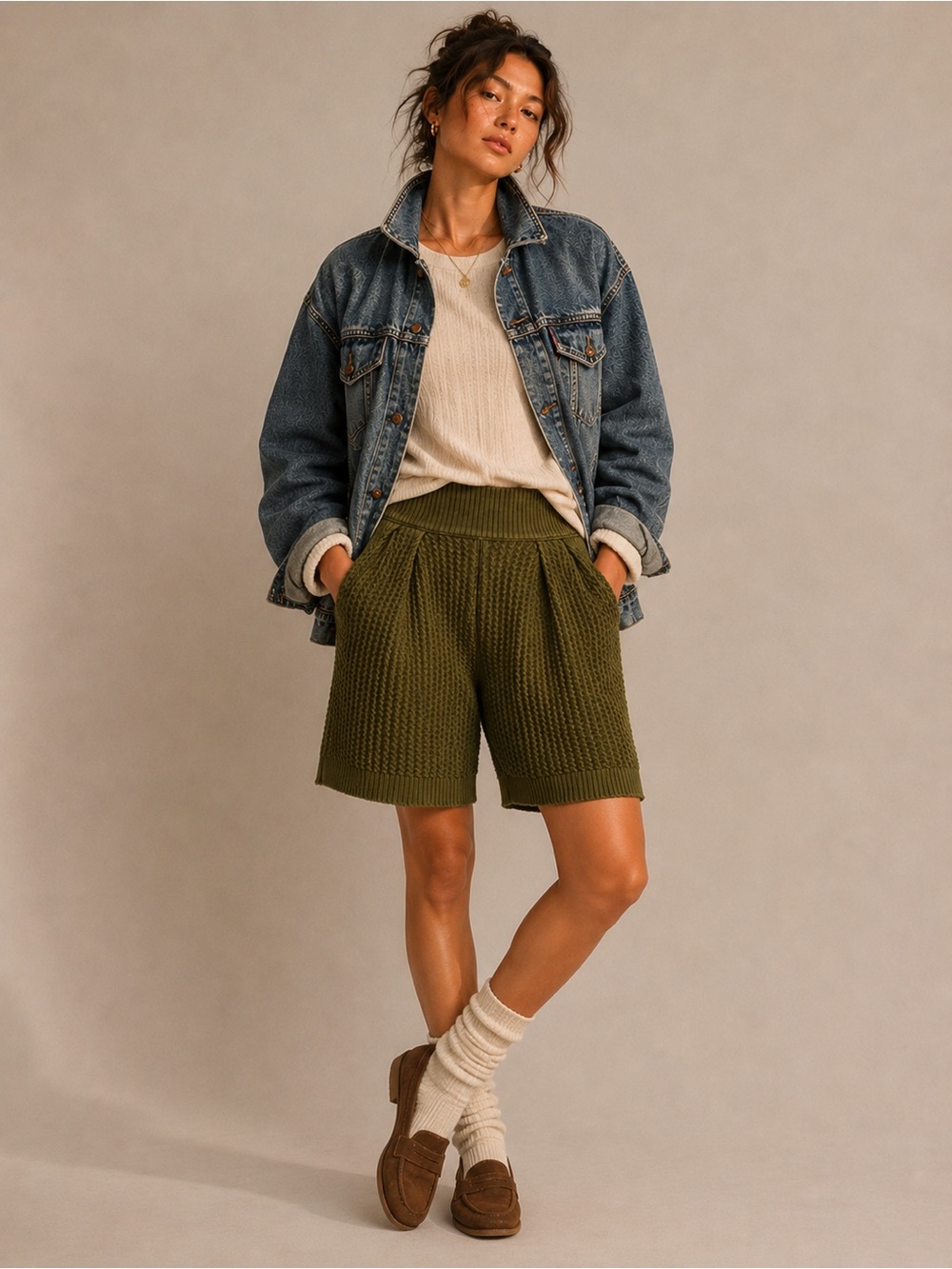 Divine Knits by Judit Womens Olive Cable Knit Shorts Cozy Boho Free People Style
